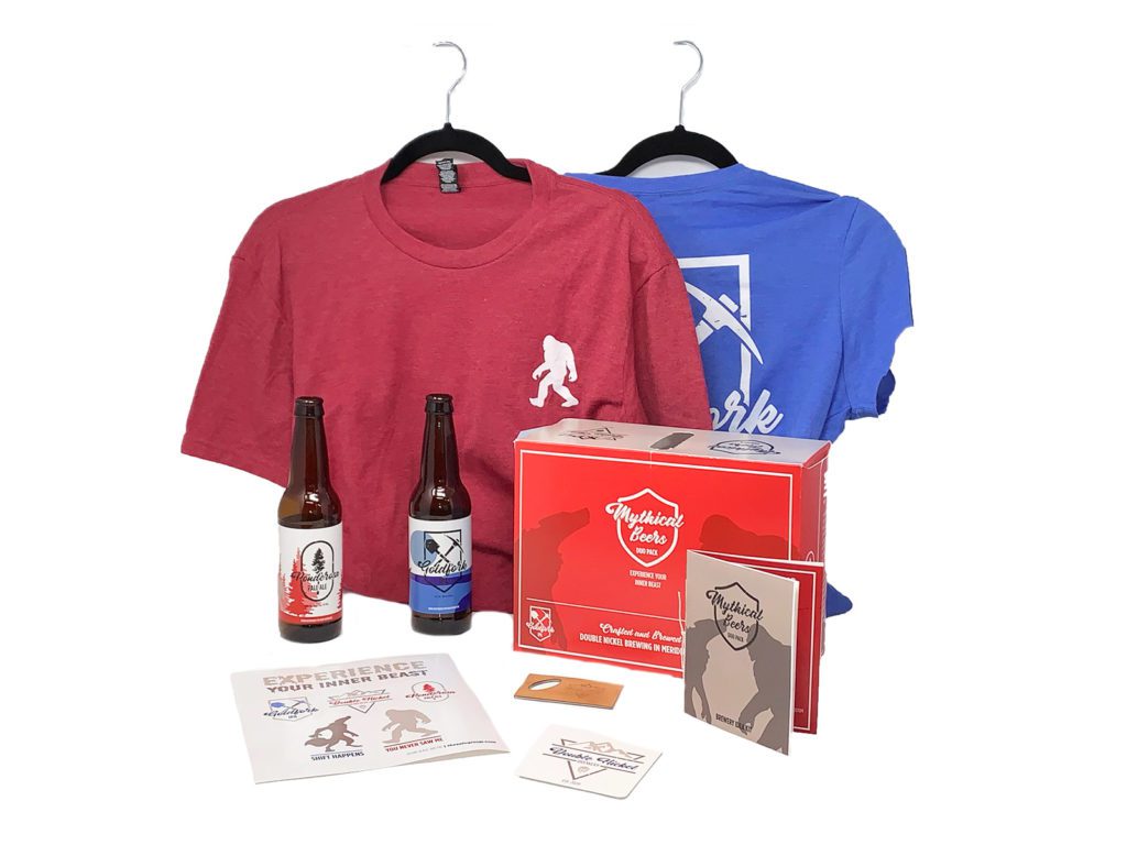 Microbrewery swag box - a custom-printed 12-pack box containing 2 ultra-soft t-shirts, bottle labels, stickers, a bottle opener, and a printed booklet